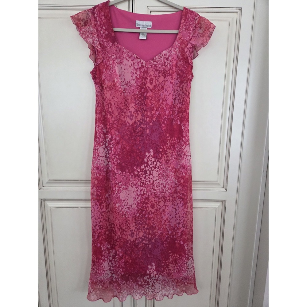 Vtg Dressbarn Floral Chiffon Midi Dress Women's 10 Romantic Flutter Sleeves Pink